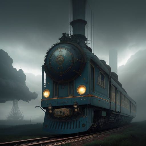Diesel-Uranium Punk Train Soars Through the Stormy Sky