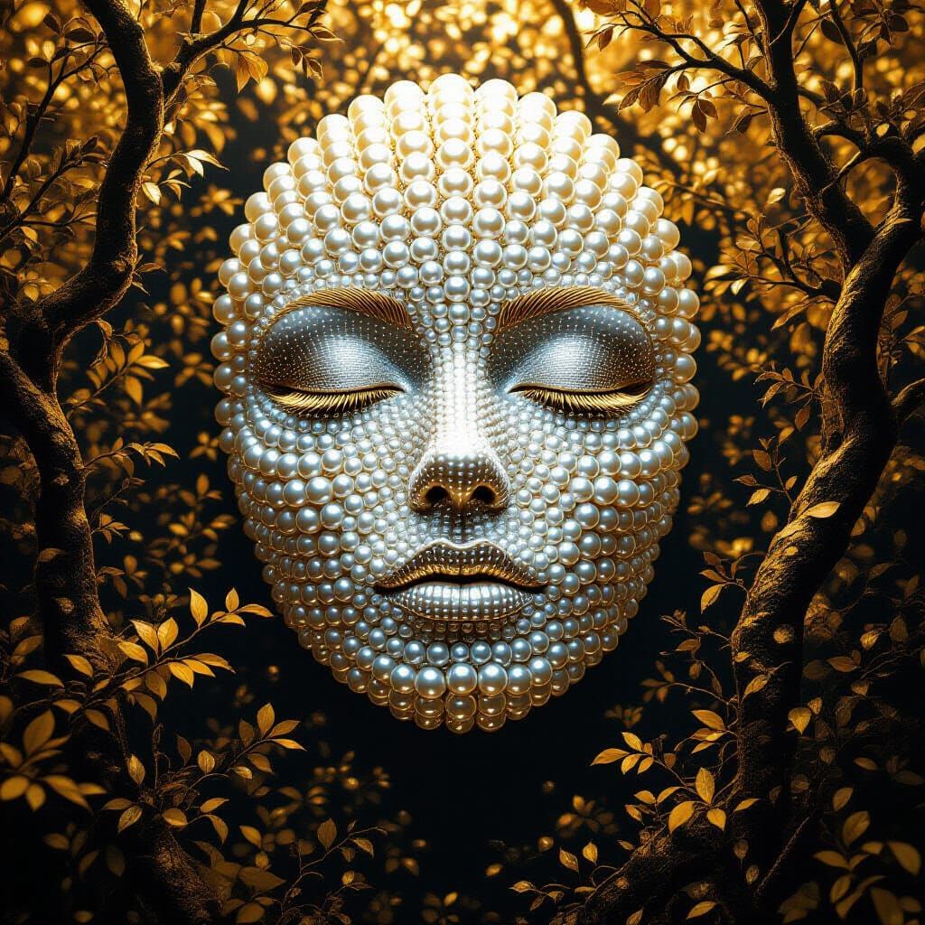 Pearl Face in Gold Forest: Digital Art