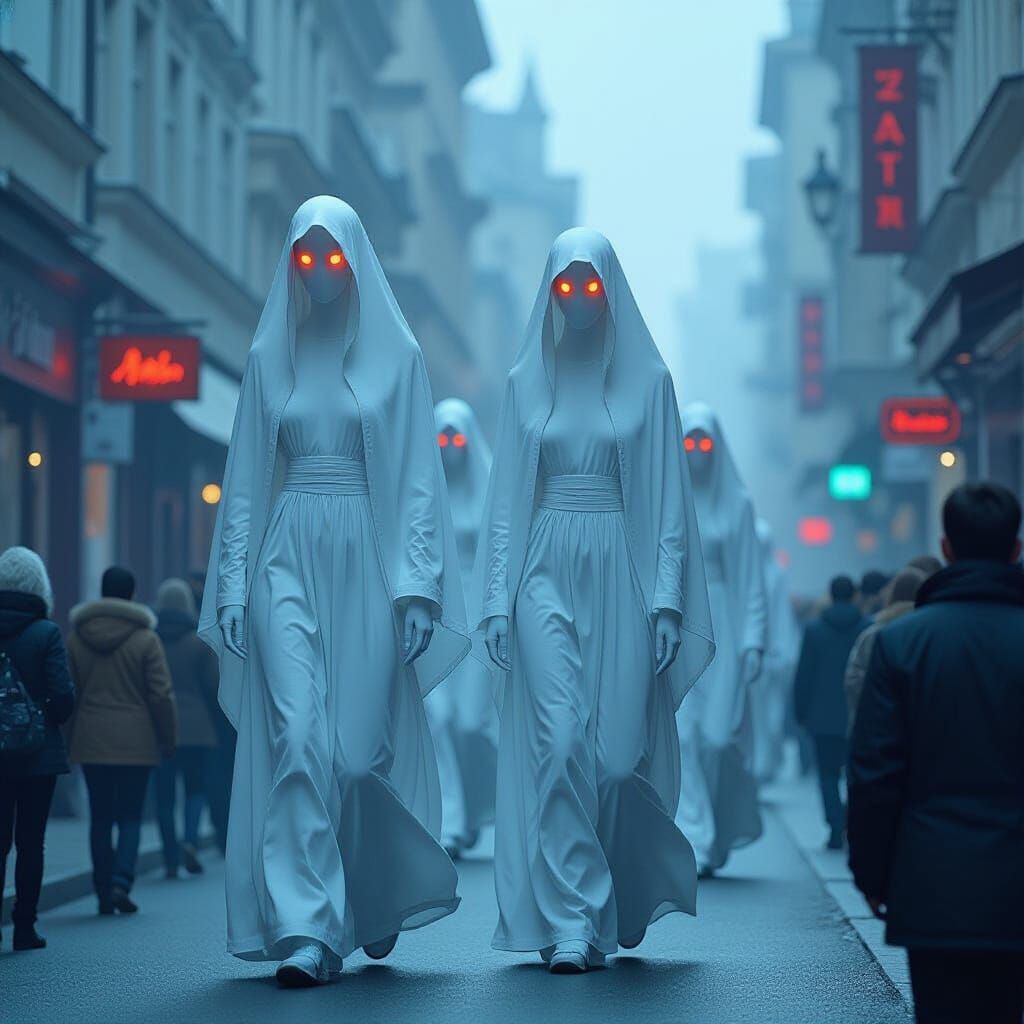 Eerie Ghostly Figures Parade in Misty Cityscape