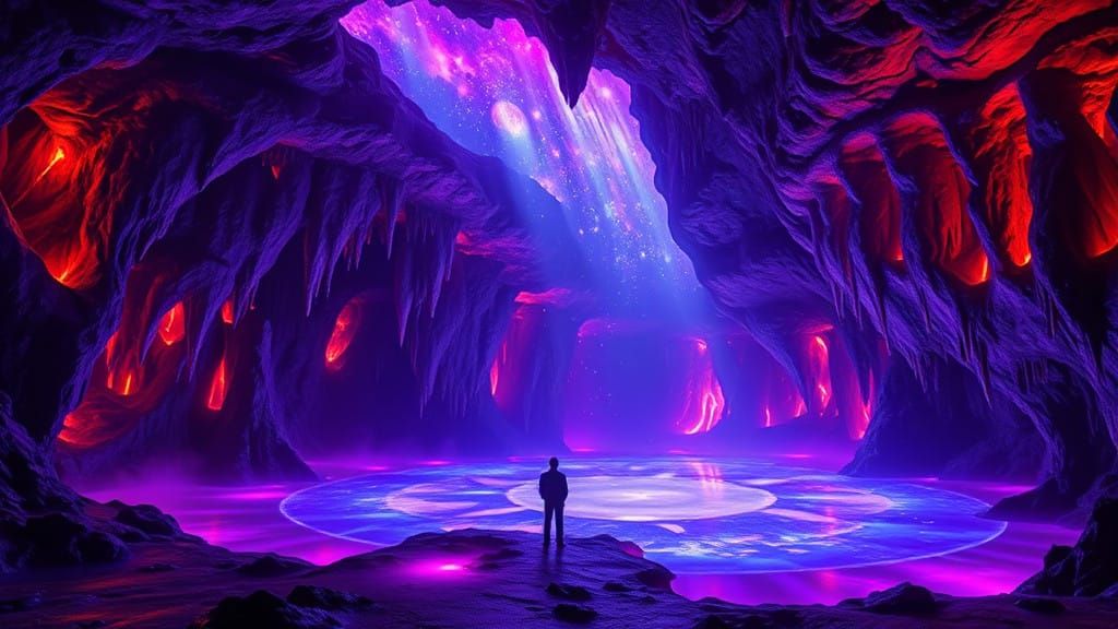 Radiant, Hyperrealistic Cavern Scene in Neon Hues