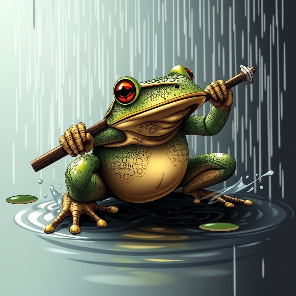 Surreal Frog Warrior Battles Stormy Waves in Vibrant Fractal...