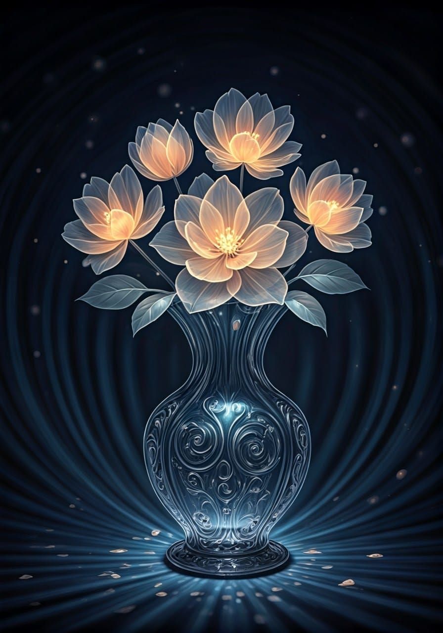 Ethereal Glass Vase with Glowing Flowers in a Dreamlike Sett...