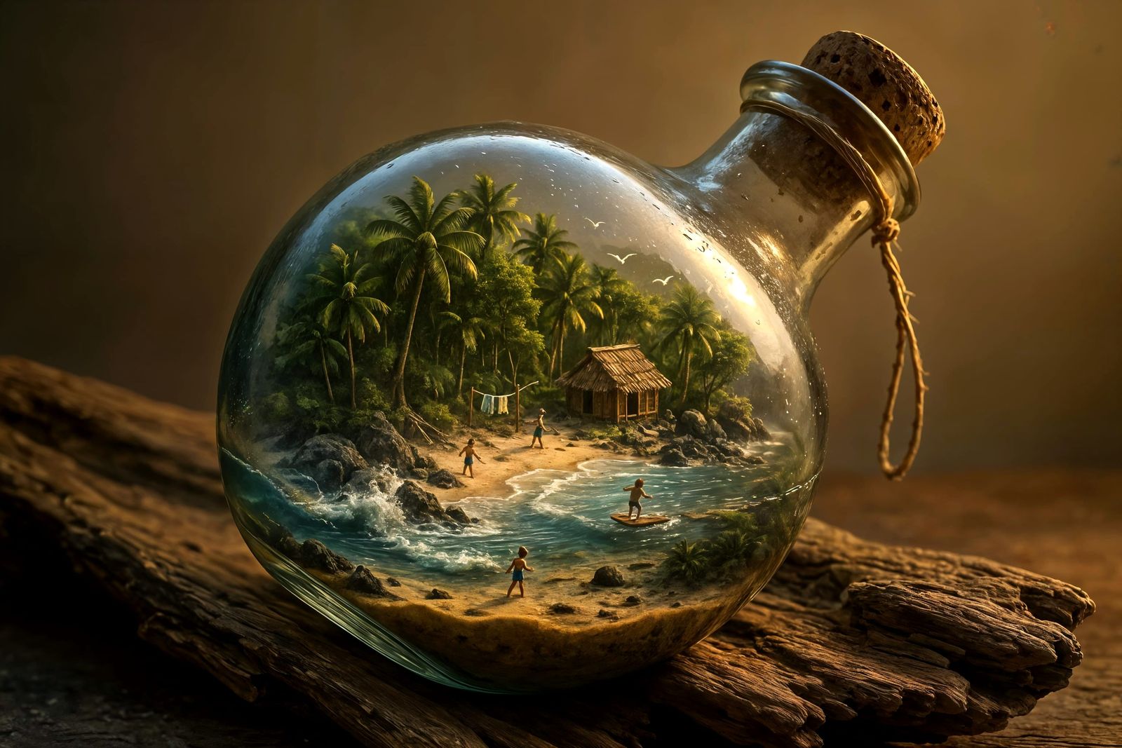 Tropical Island in Glass Bottle, Photorealistic Detail