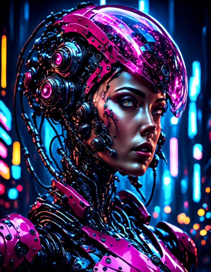 Pink-Eyed Cyborg in Cyberpunk Nightclub