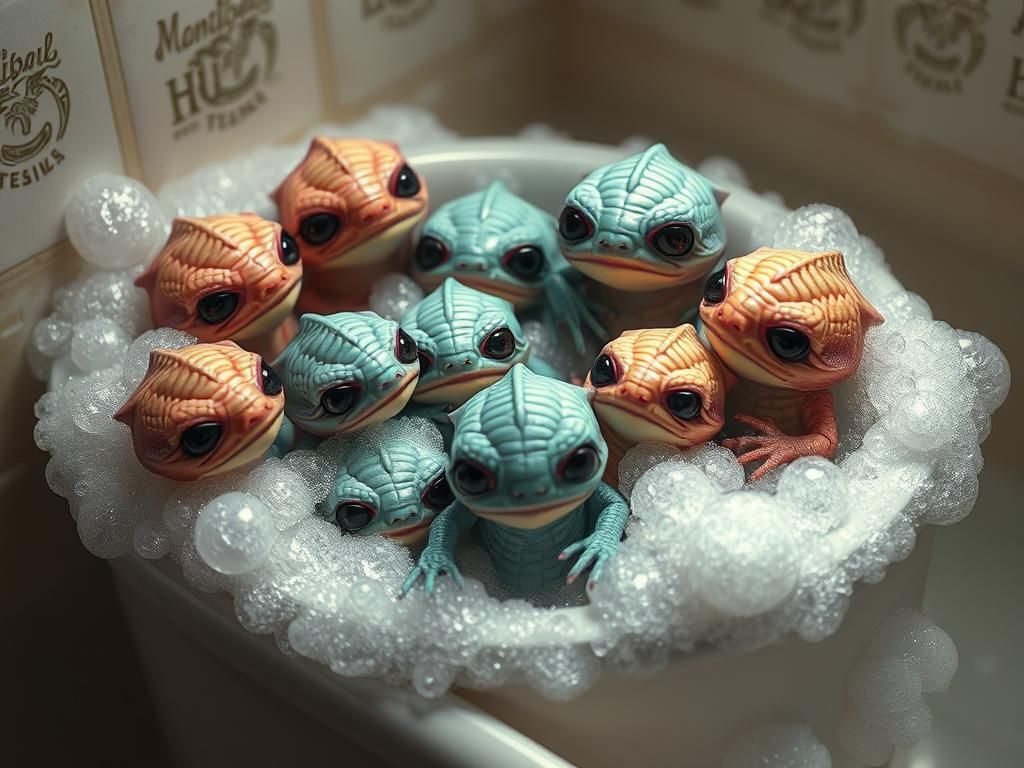 Cute Scaly Monsters in Foamy Bathtub