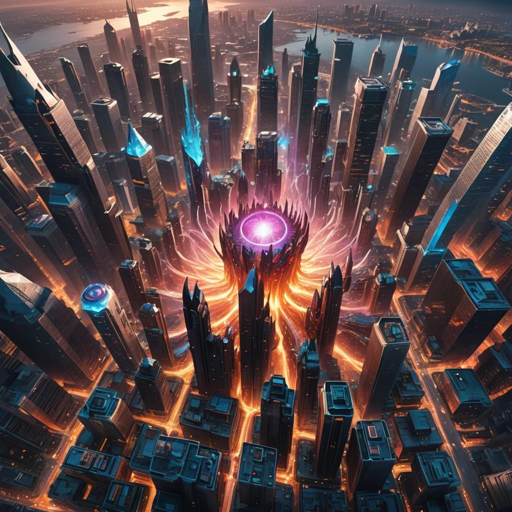 Crystalline Entity Erupts in Futuristic Metropolis