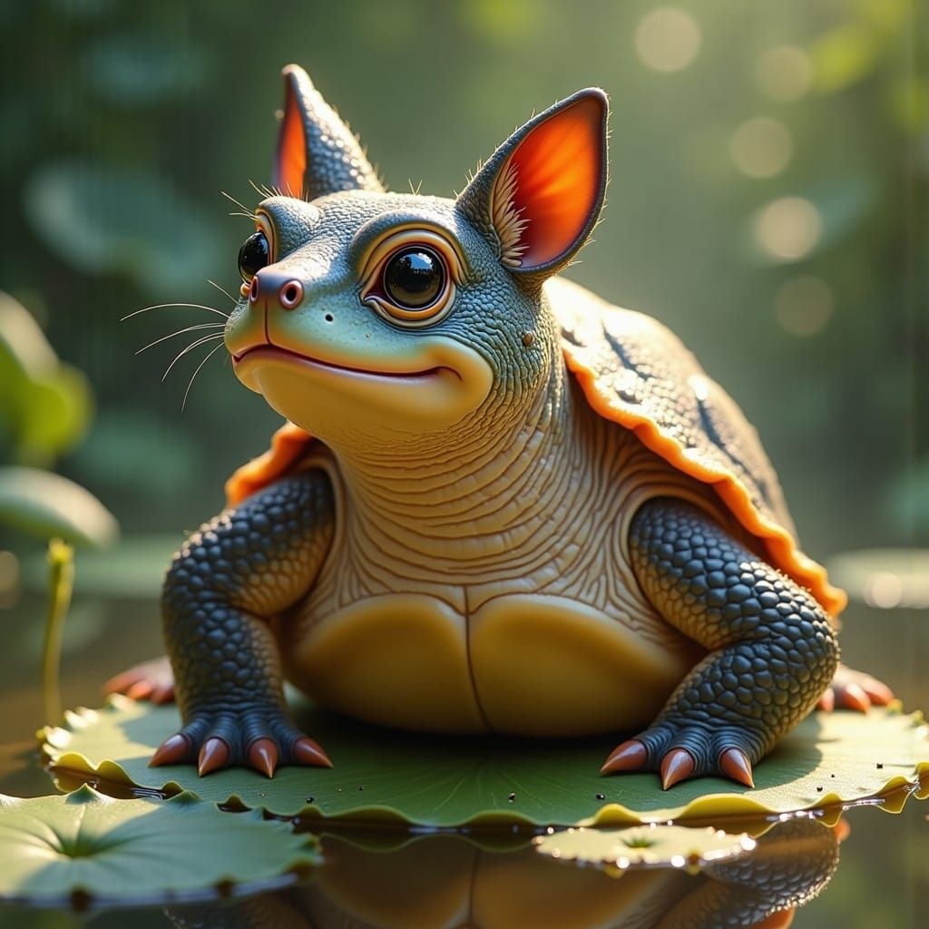 Portrait of a Fox Turtle Hybrid in a Serene Pond Scene