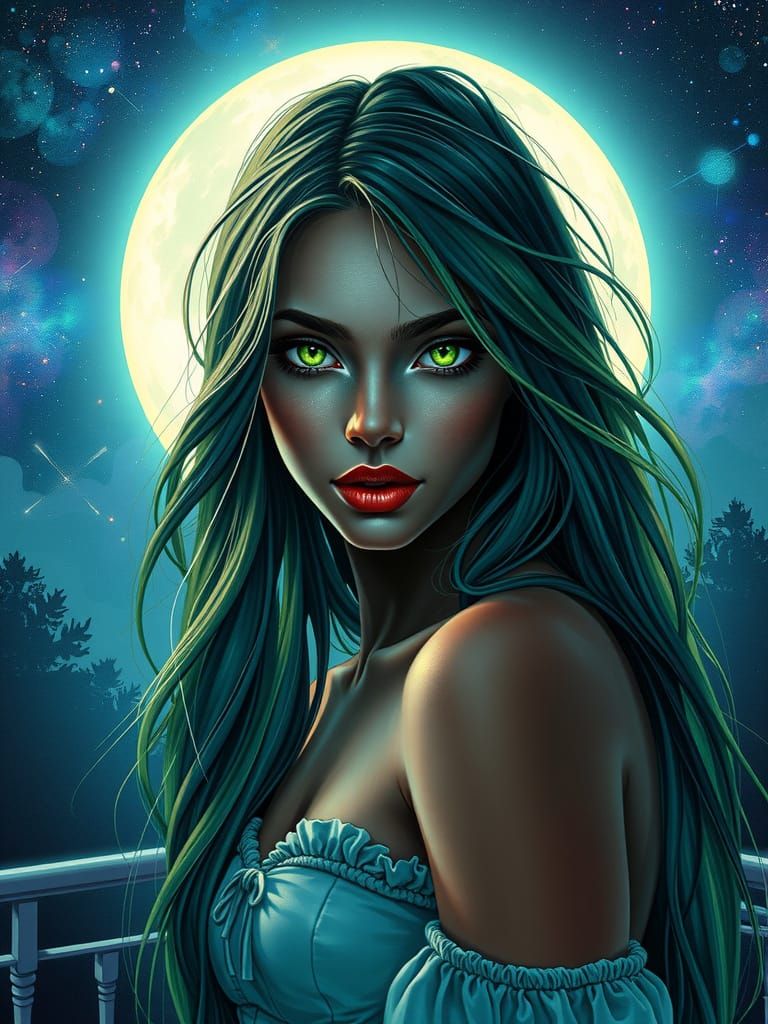 Mixed media astral illustration. Medium shot. A mysterious w...