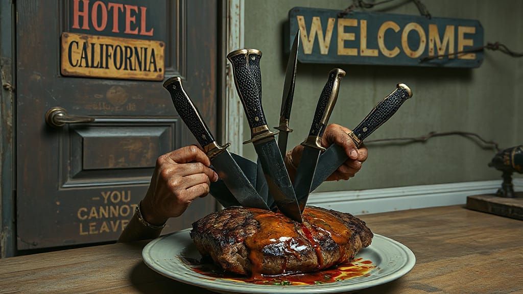 Ominous Hotel California Scene in Dark Photorealism