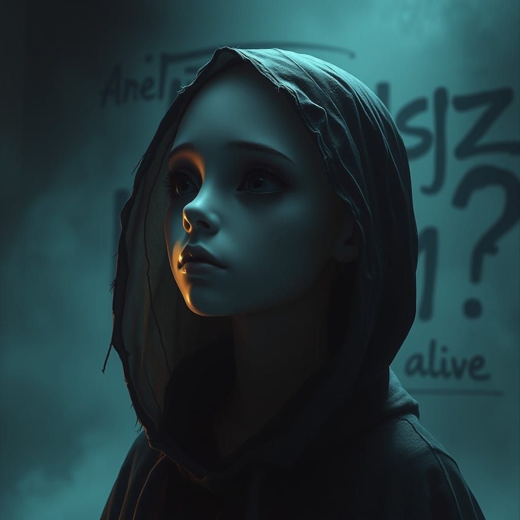 Ethereal Figure Contemplates Existence in a Haunting, Dimly ...