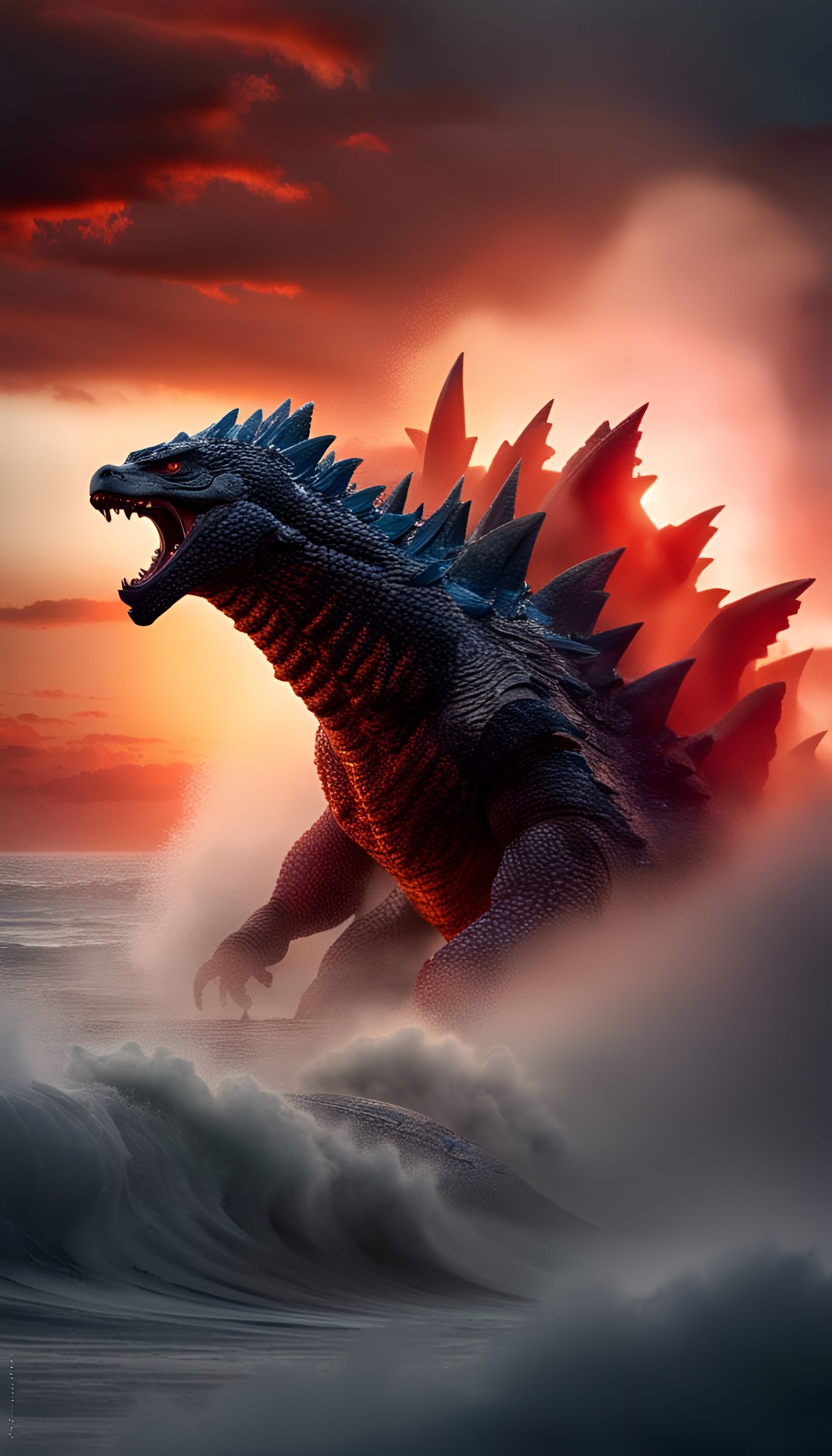 Godzilla Emerges from the Ocean at Sunset