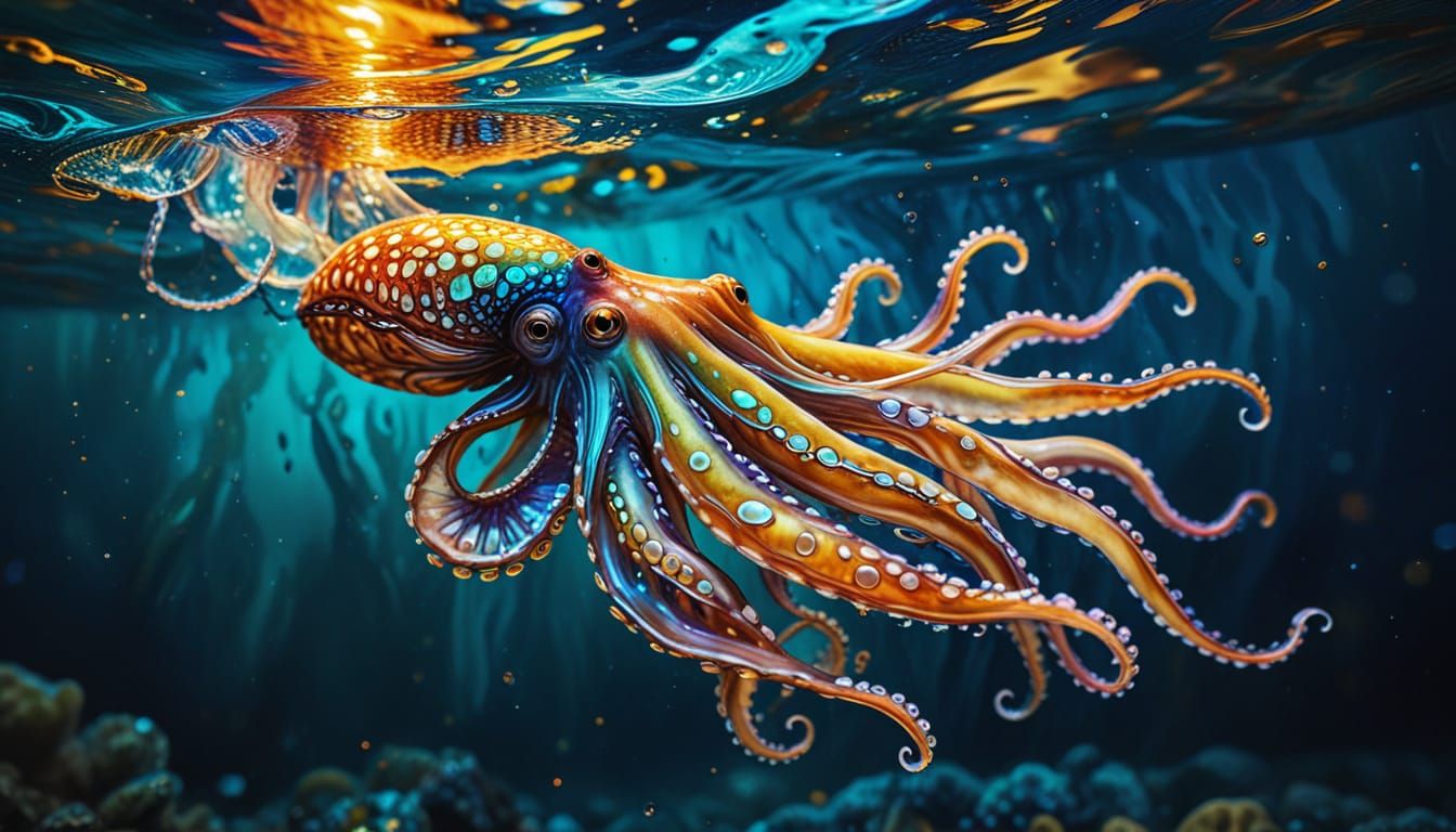 Colorful Squid in Ocean, Alcohol Ink Art