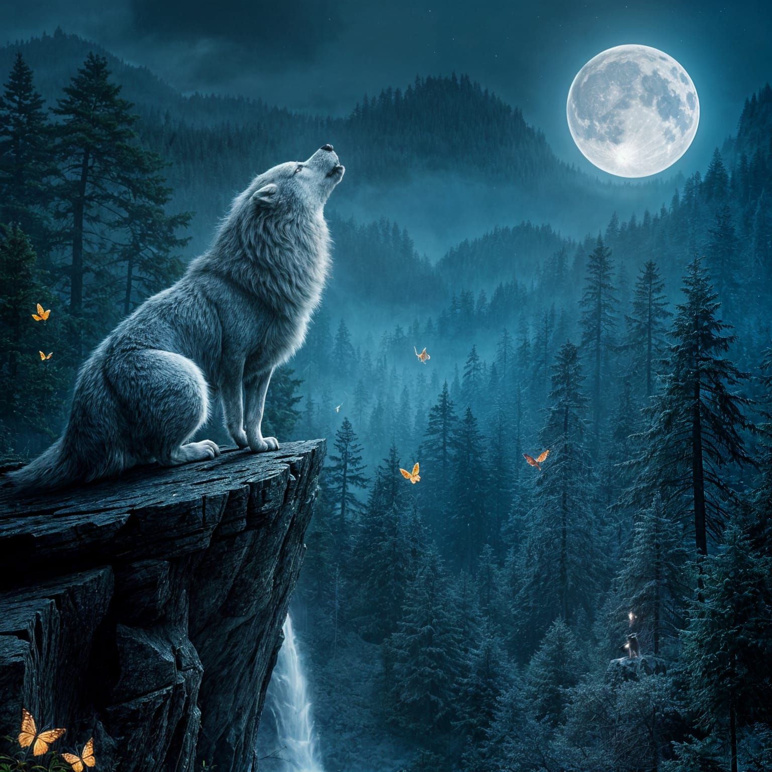 Silver Wolf Howling at Moonlit Cliff