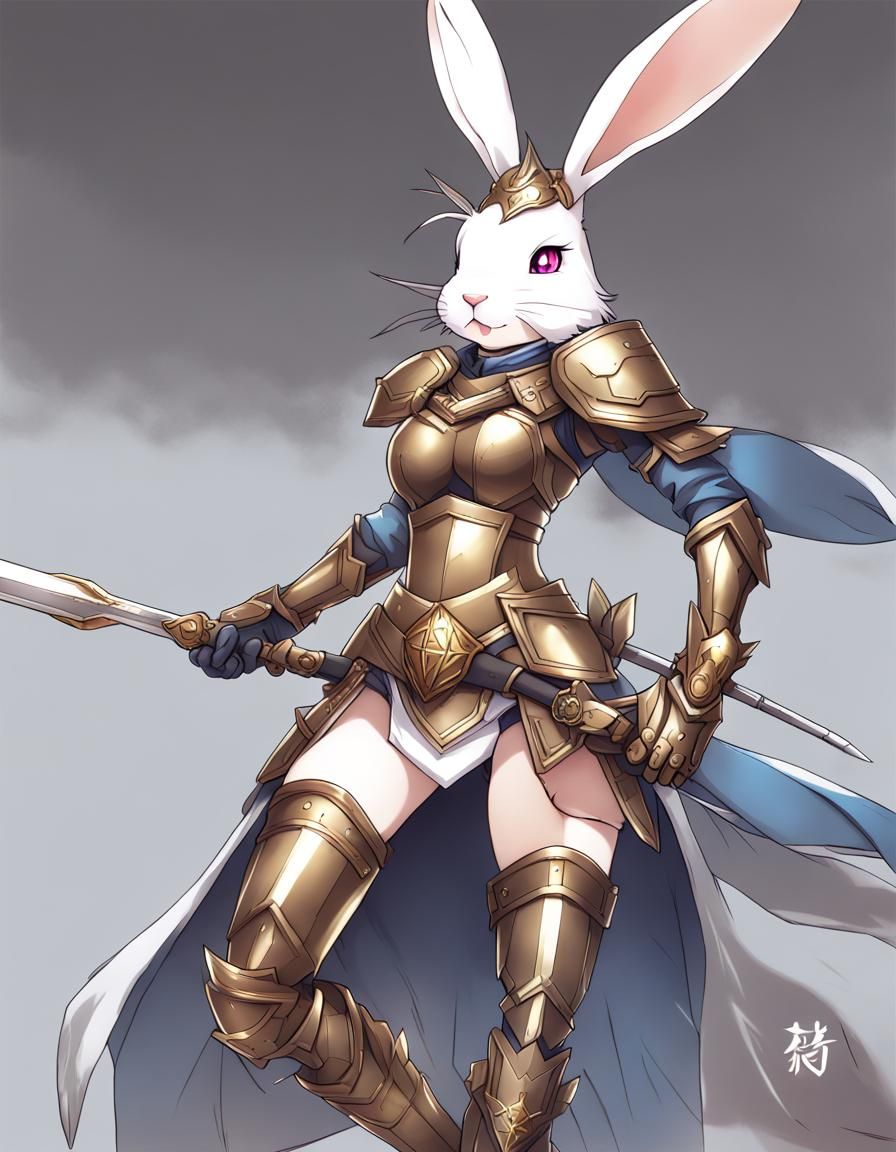 A female rabbit wearing bronze armor wielding a silver spear