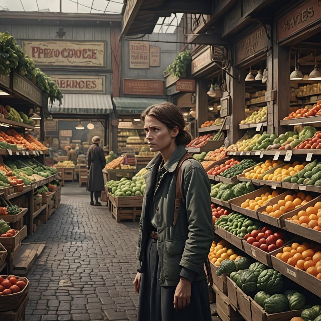 Discouraged Woman at Produce Store: Matte Painting
