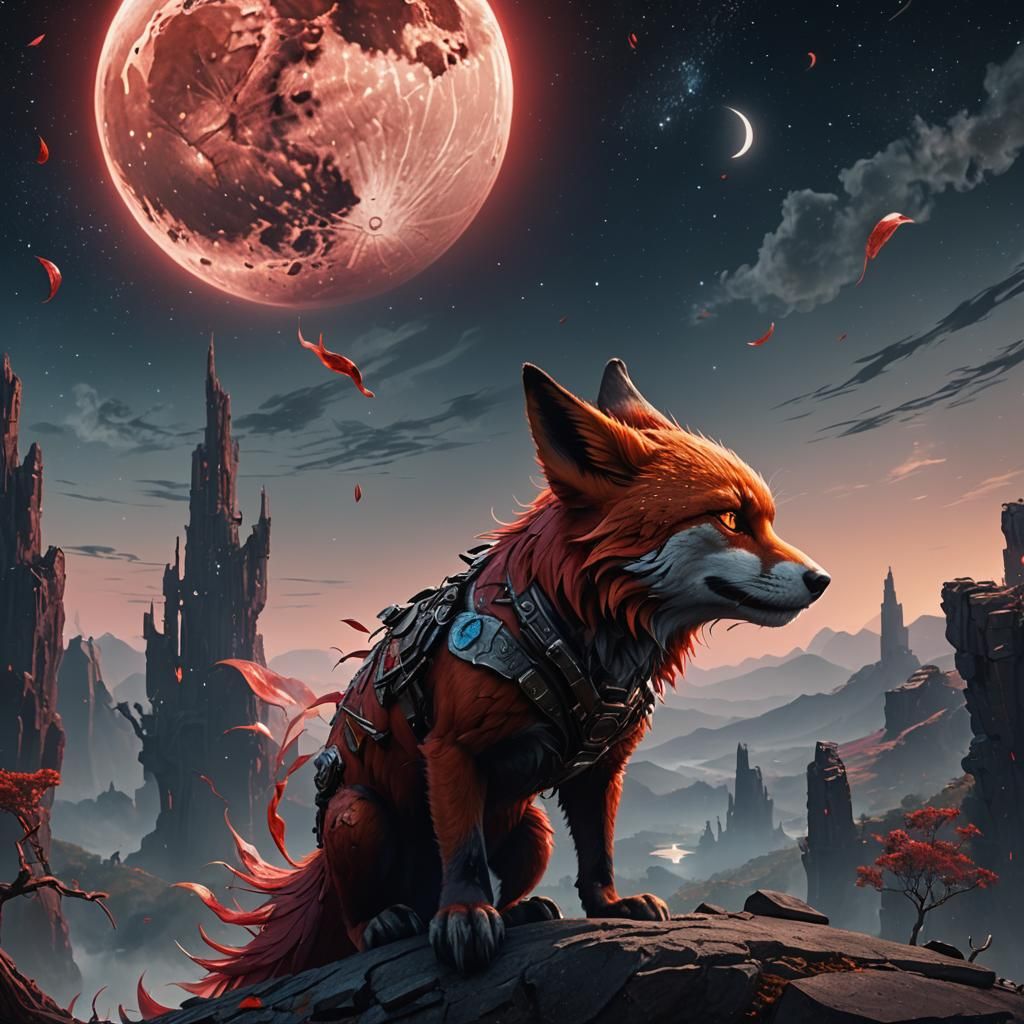 Firefox Gazing at Moon: Detailed Matte Painting