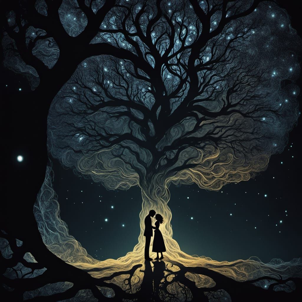 Eerie Kiss Under Yggdrasil in Klimt Style