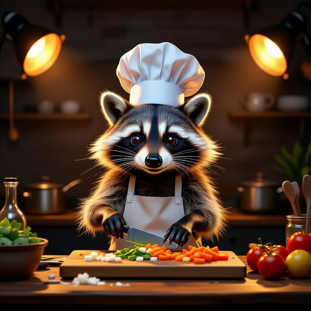 Raccoon Chef Hosts Late Night Cooking Show in Digital Painti...