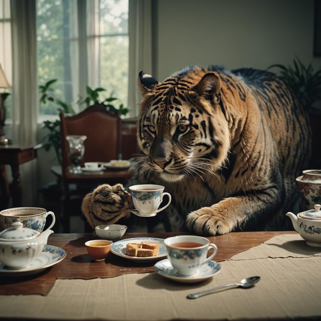 Cinematic Big Cat Enjoying Tea