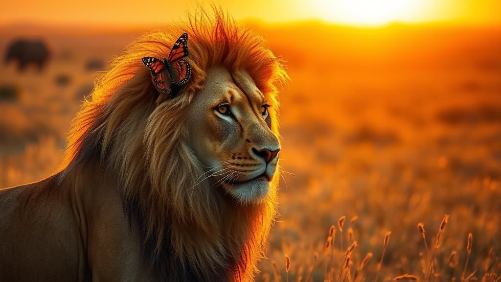 Lioness and Butterfly in Golden Light