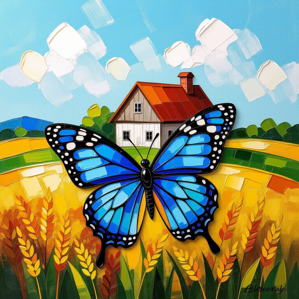 Blue Butterfly in Impasto Style Amidst Golden Fields