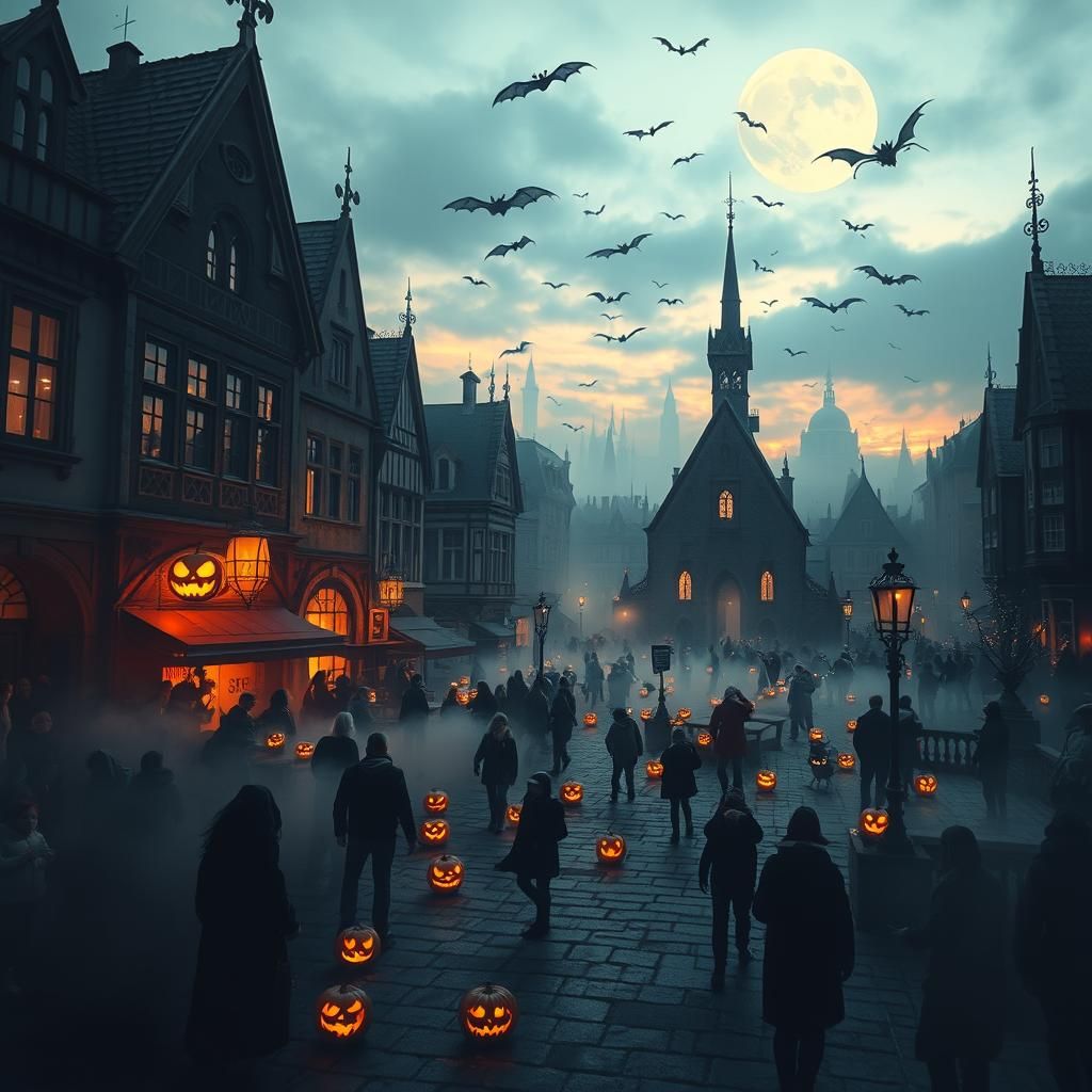 Spooky Halloween Town Square in Dark Surrealist Style