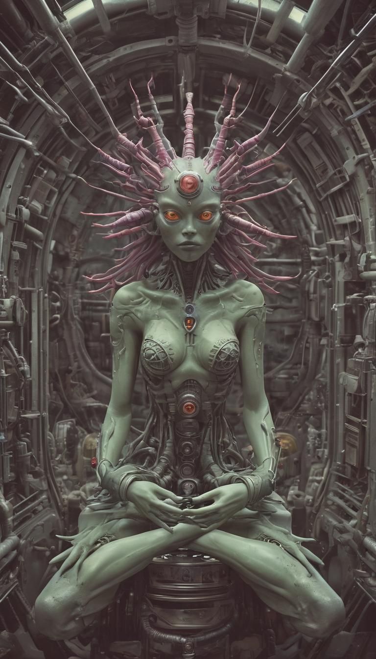 Cyberpunk Alien Meditator in Neon Mechanical Chaos