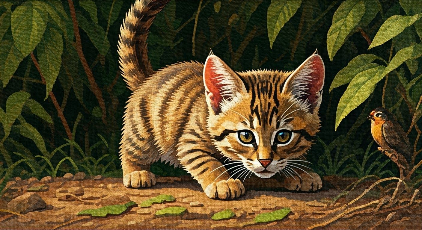 Youthful African Wild Cat Kitten in a Verdant Bush Scene