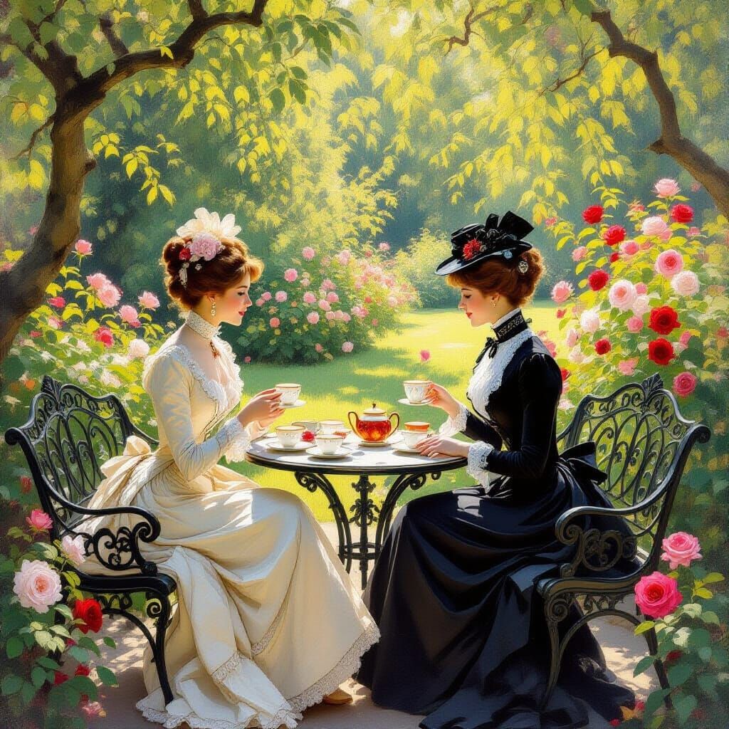 Two Ladies Enjoying Tea in an Old-Fashioned Garden