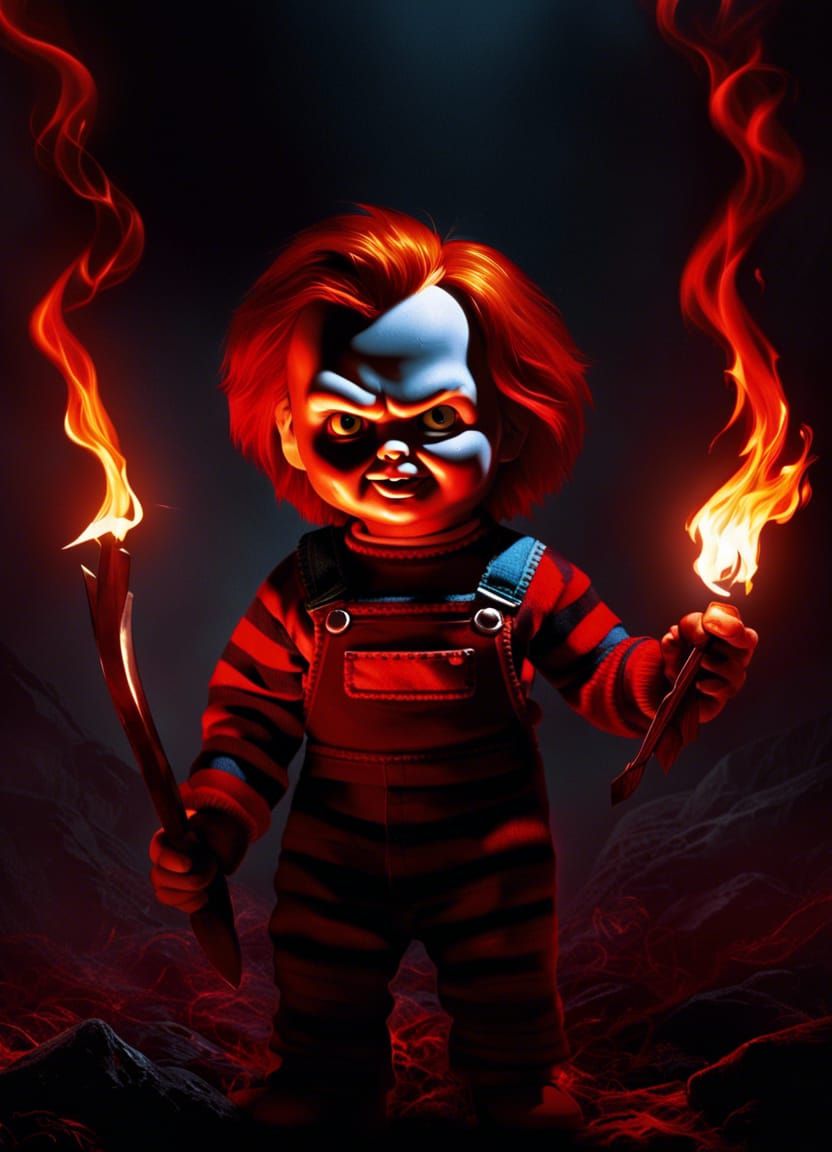 Terrifying Chucky Doll Ablaze in High Contrast