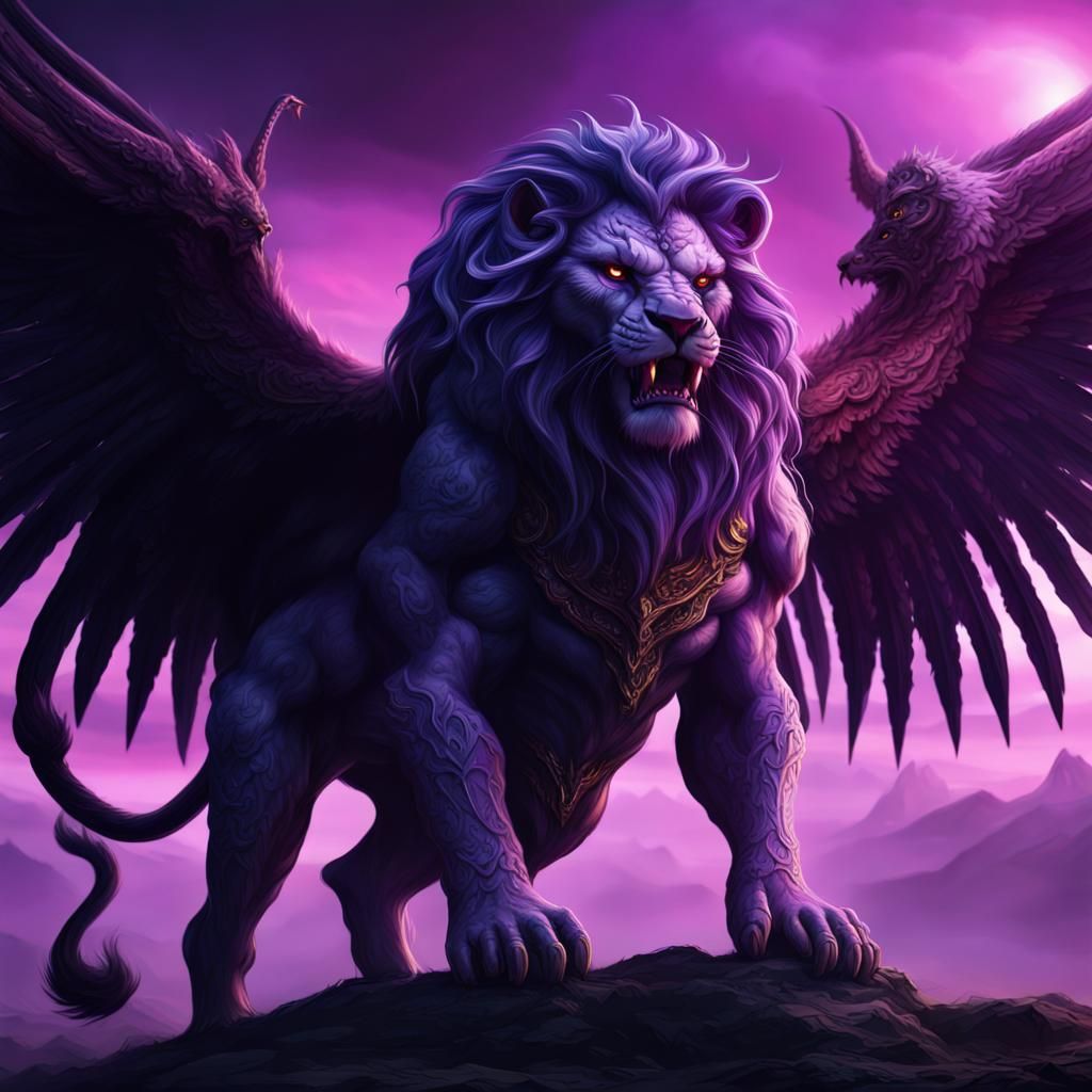 Winged Purple Lion Demon in Digital Matte Painting
