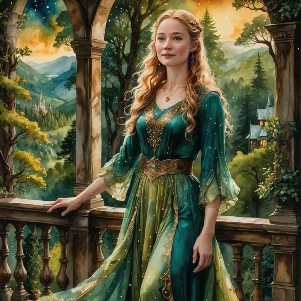 Eowyn on a Balcony in Rivendell at Nightfall