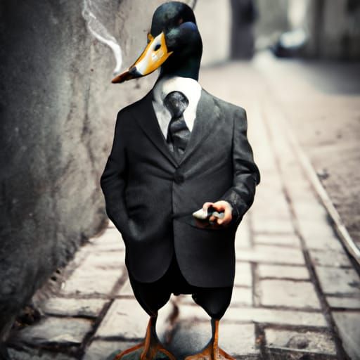 Duck in Suit Smoking Cigar: Hyperrealistic Street Scene