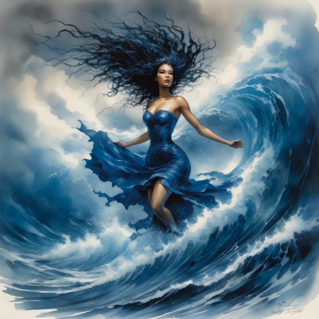 Blue Ocean Goddess Creates Whirlpool in Watercolor Comic Sty...