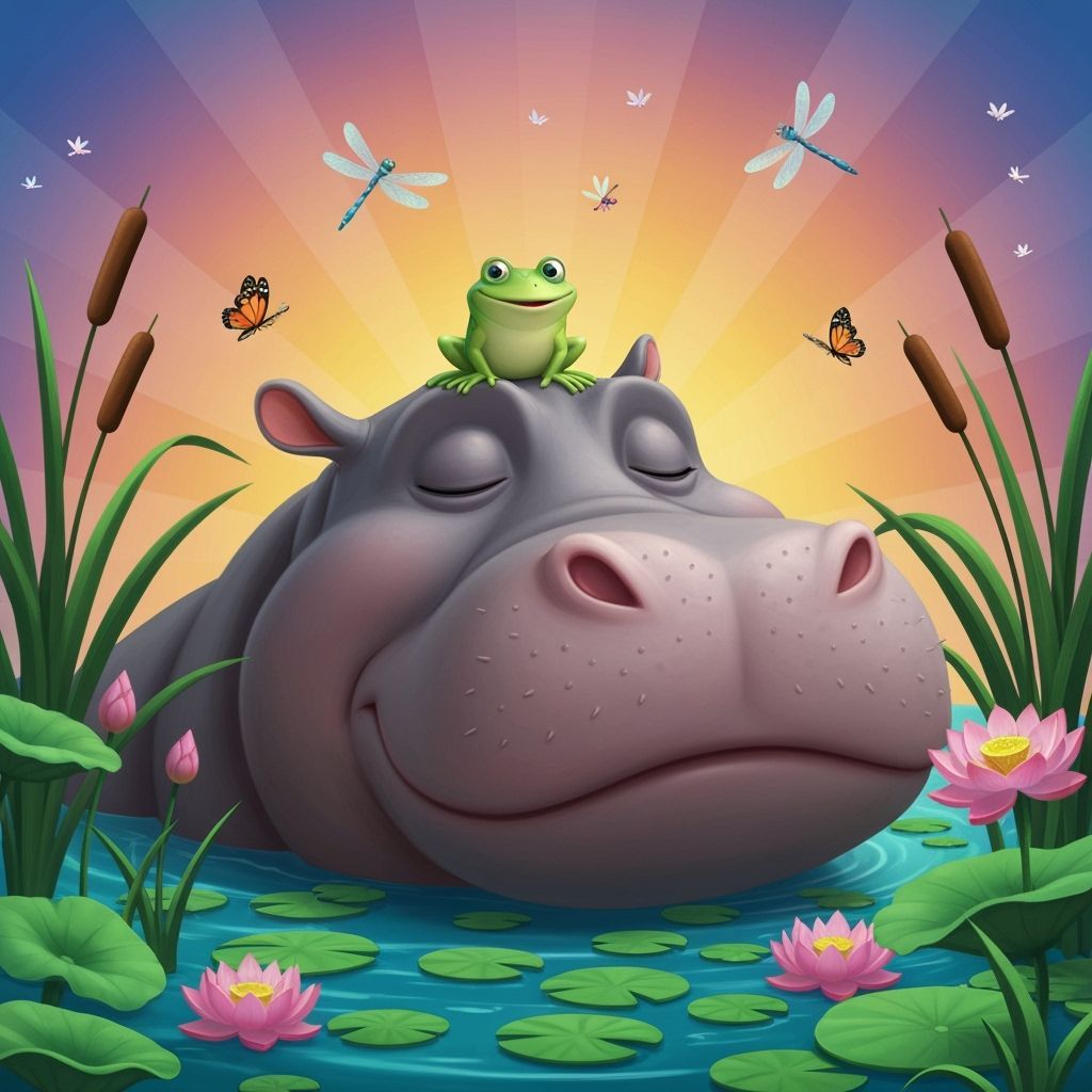 Gentle Hippo and Frog in Whimsical Pond