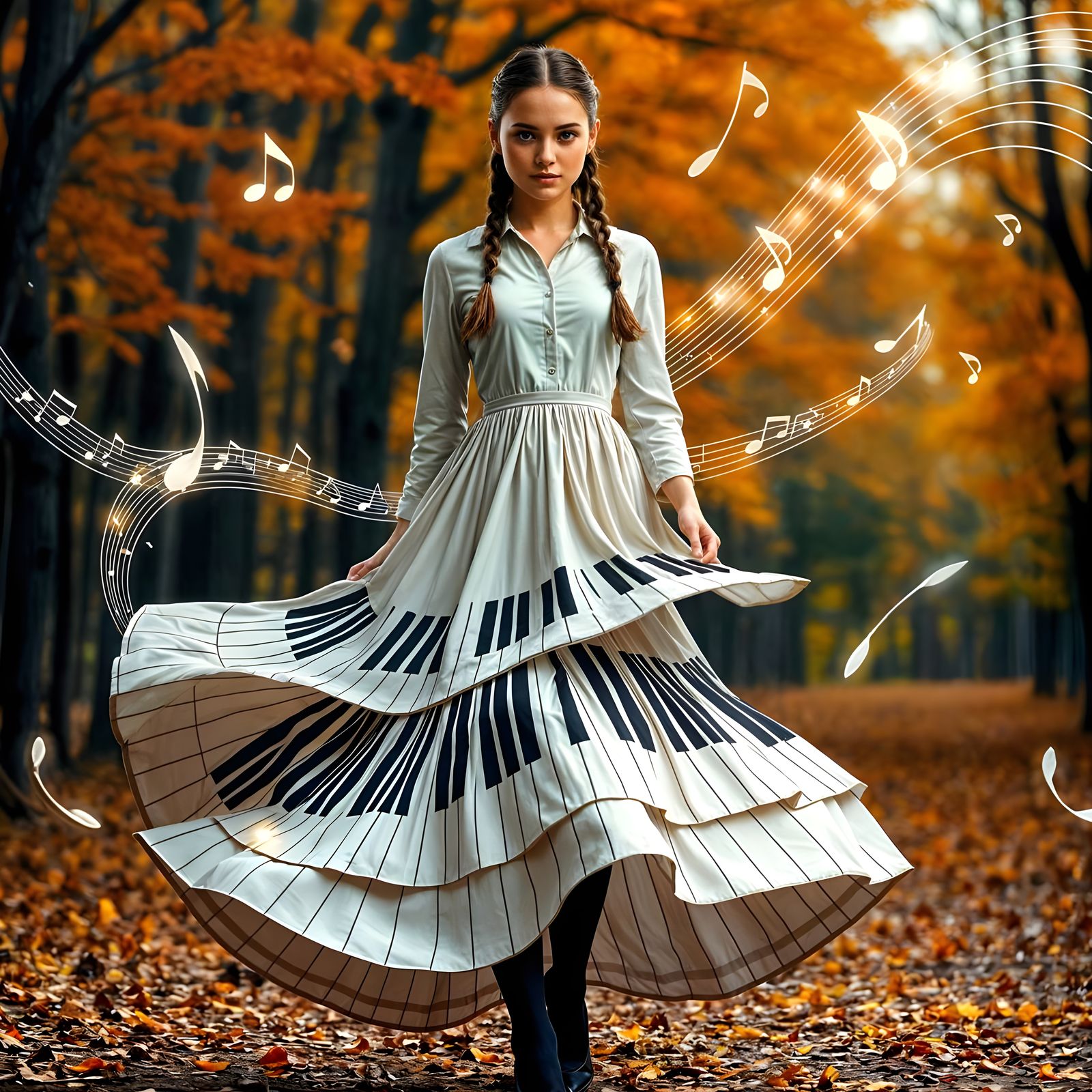 Enchanting Autumn Woodland Ballerina in Piano Key Dress