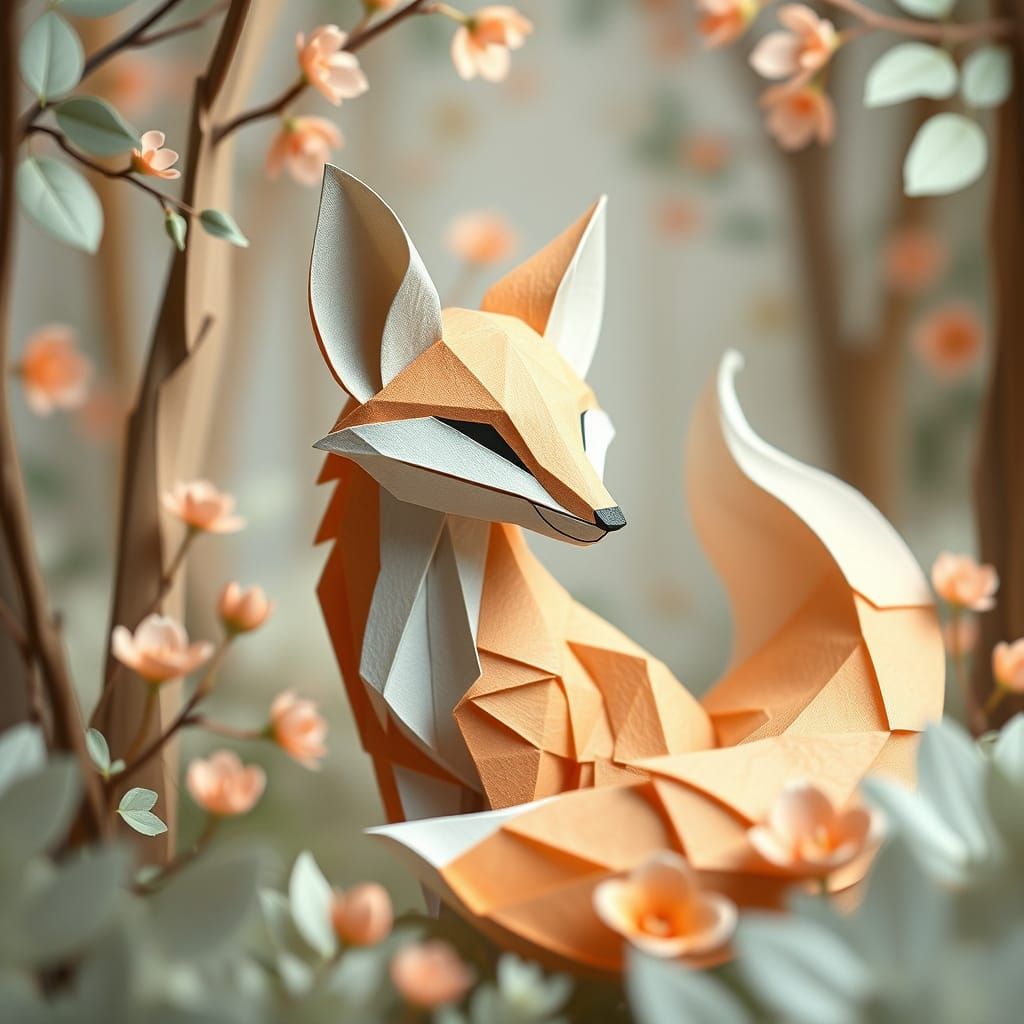 Serene Origami Fox in Zen Forest