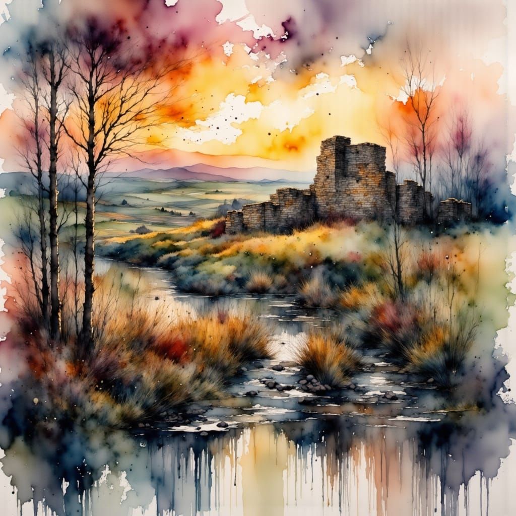 Hadrian's Wall at Dawn in Watercolor Style