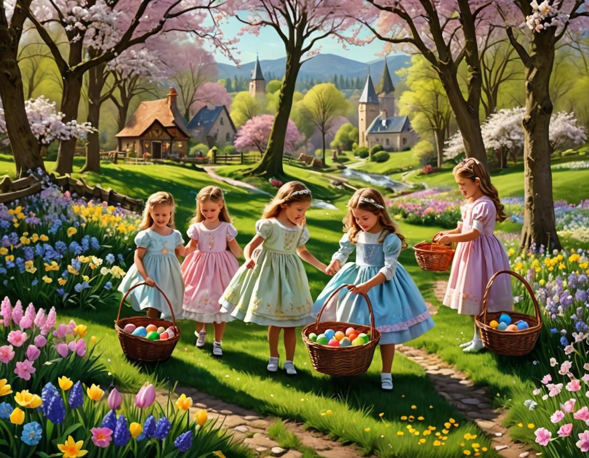 Princesses Easter Egg Hunt in Whimsical Anime Landscape