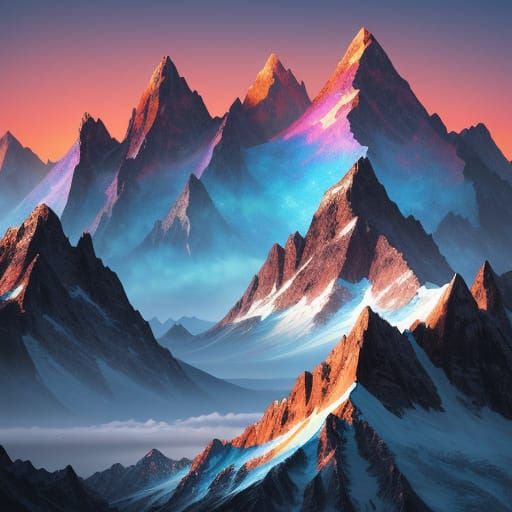 Majestic Mountain Peaks Under Vibrant Splash Art Sky
