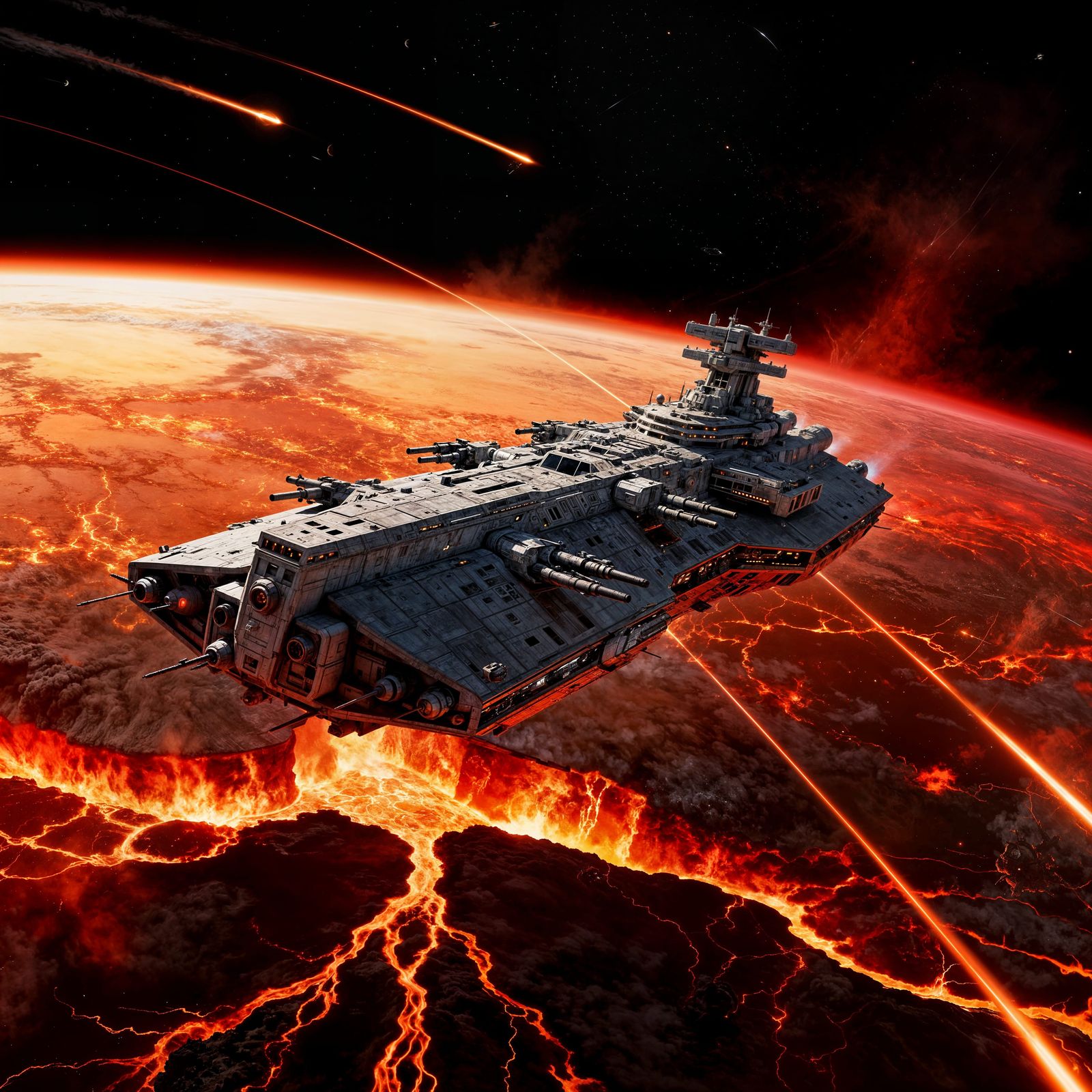 Space Battleship Orbits Molten Planet in Epic Sci-Fi Art