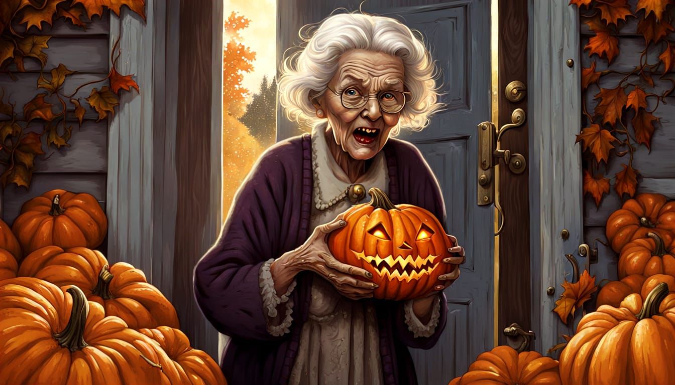 Old Woman With Pumpkin Confronts Maniacal Monster