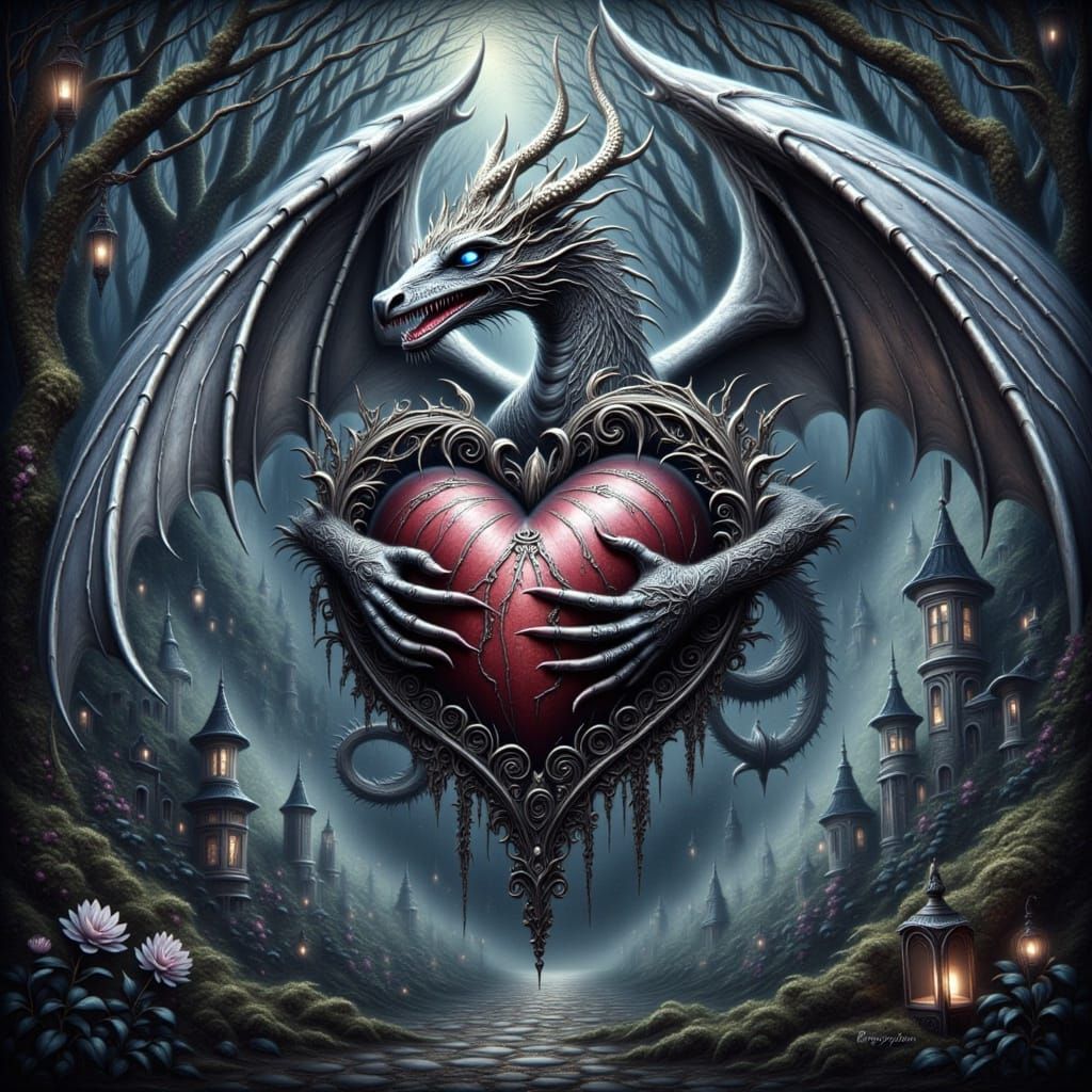 Silver Dragon Soaring Over Gothic Heart
