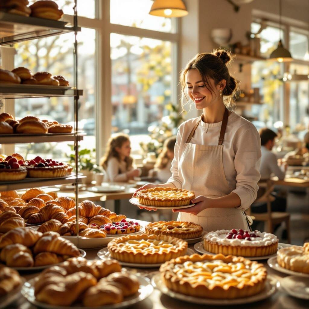 Warm Bakery Interior with Golden Pastries and Smiling Baker