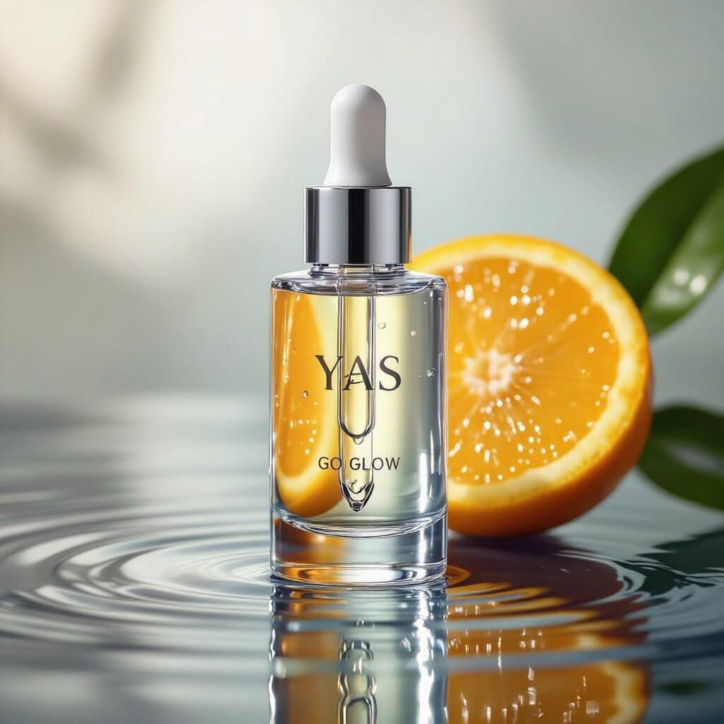 YAS Vitamin C Serum Bottle on Water with Orange