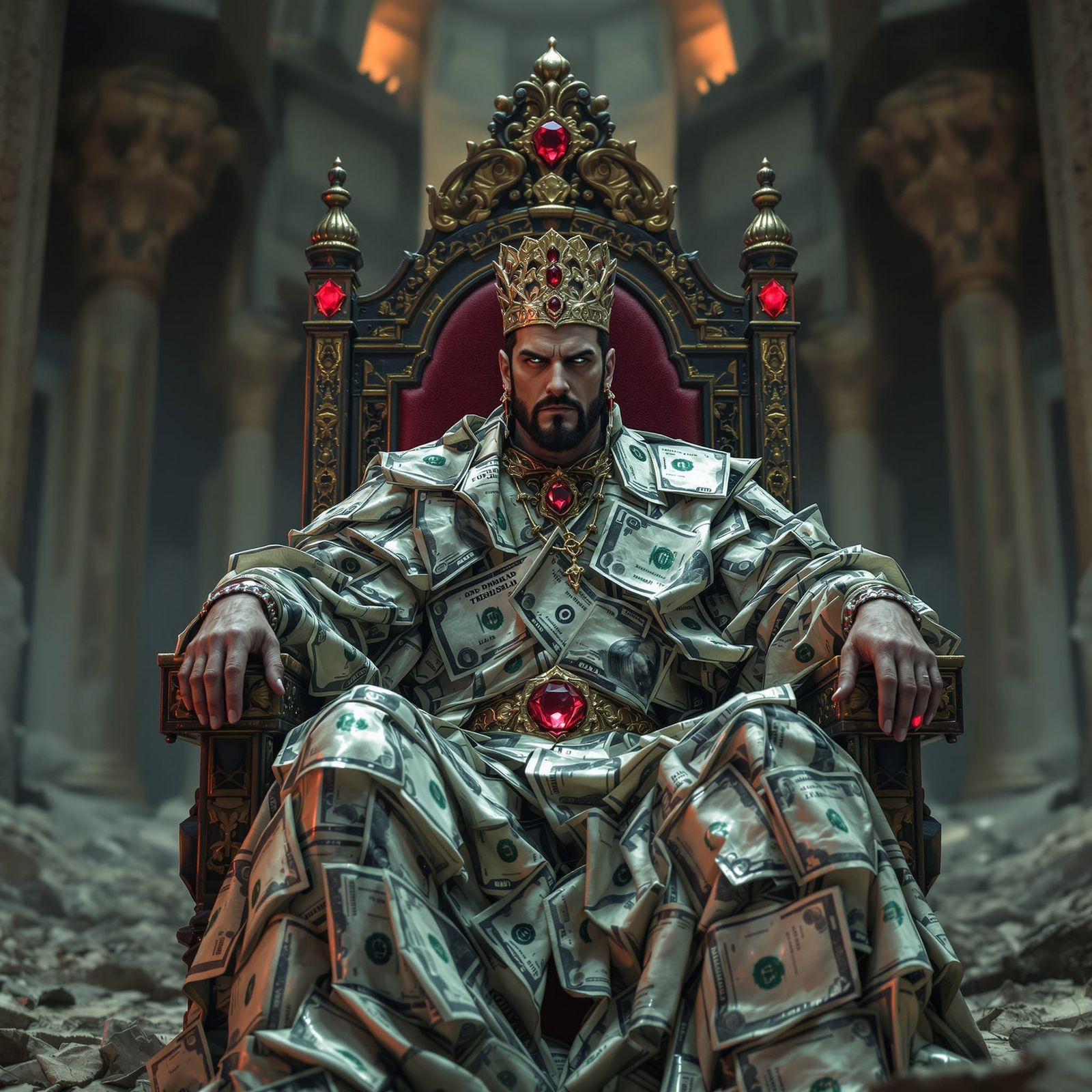 Dystopian Emperor on Crumpled Throne: 3D Portrait