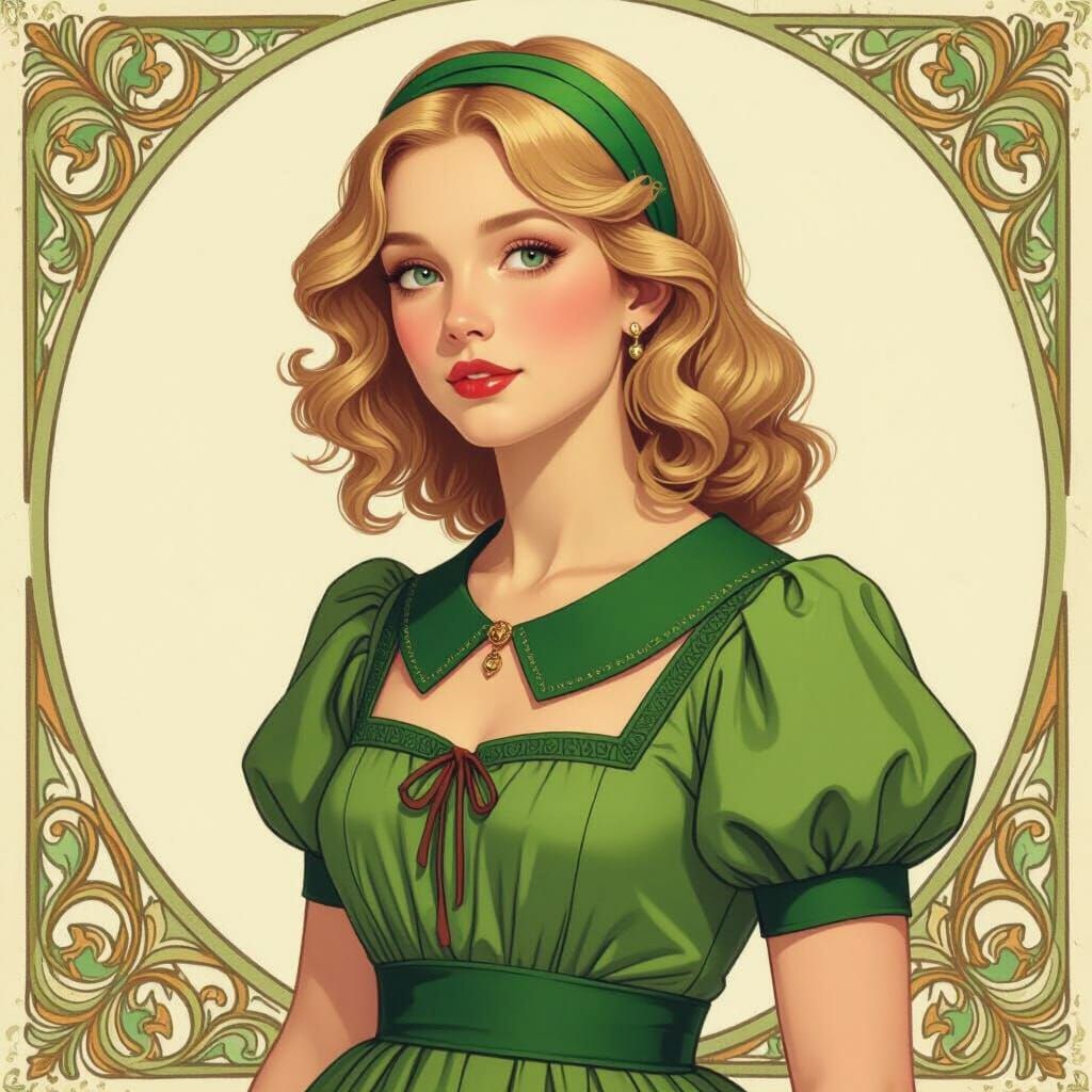 Blonde Woman in Green Dress, Art Nouveau Style