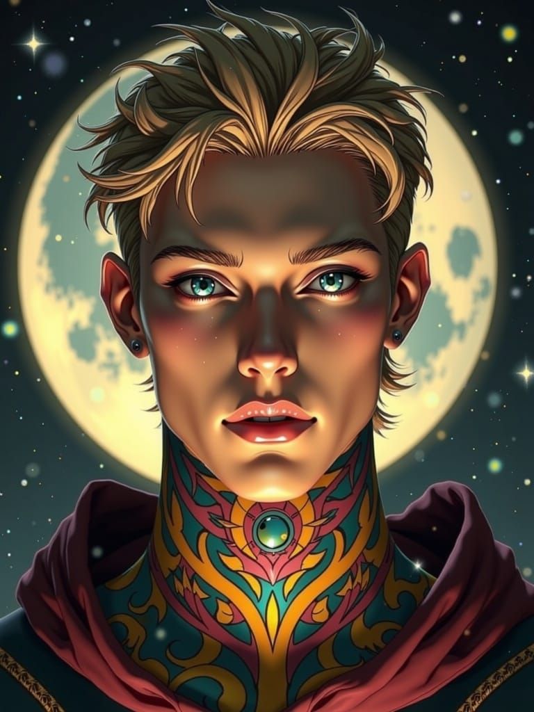 Chiseled Fae with Piercing Eyes and Vibrant Tribal Tattoo