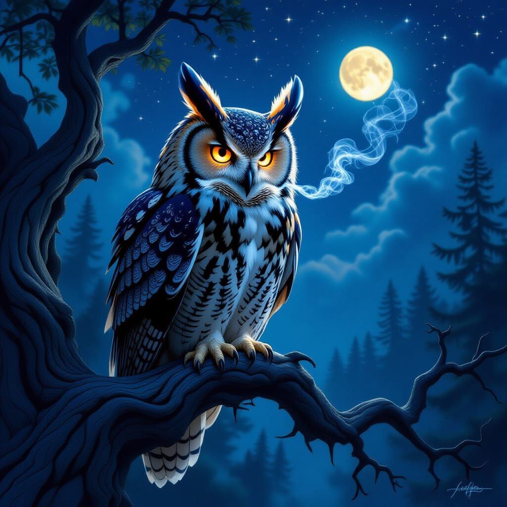 Dragon-Feathered Owl in Starry Enchanted Forest