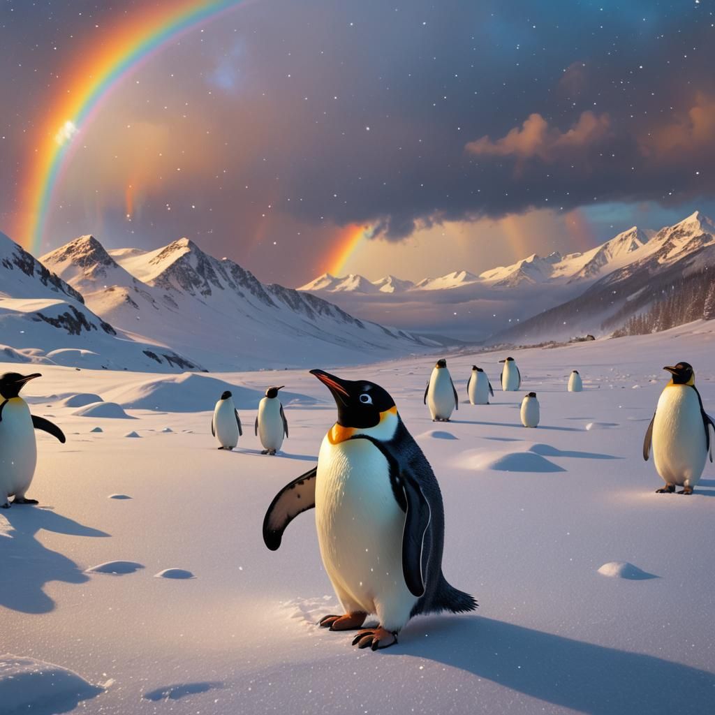 Penguin and Rainbow in Vibrant Fantasy Art